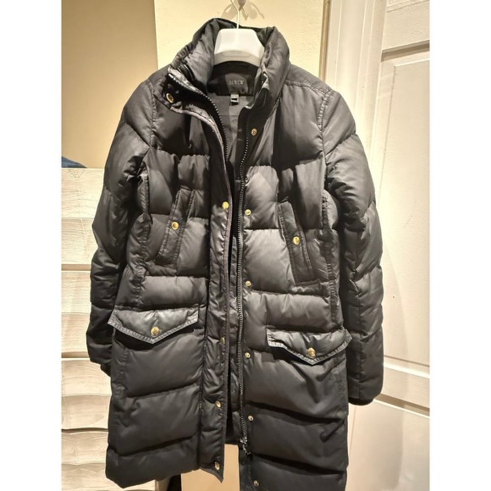J.Crew Womens Black Quilted Long Puffer Coat Jacket Gold Hardware Size S